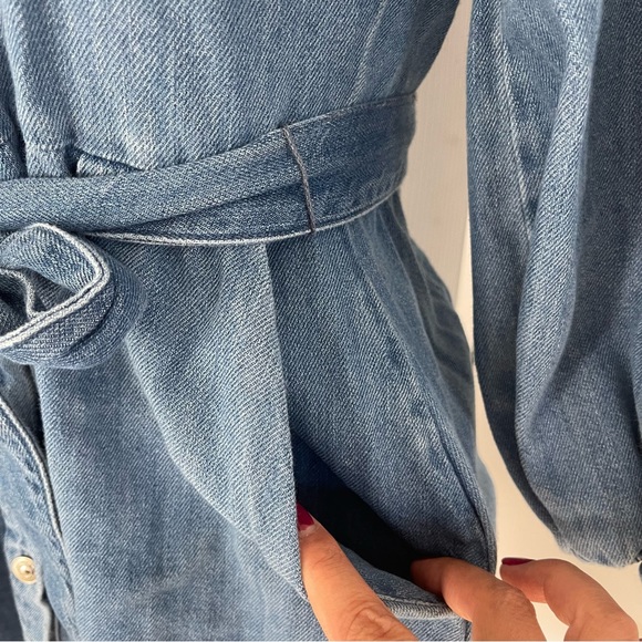 Zara Blue Denim Cotton Button Shirt Mini Dress Belted Balloon Sleeve Pockets XS - Picture 6 of 9